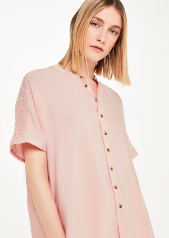 WHISTLES MAISIE SHIRRED SLEEVE BLOUSE in Pink ~ women’s linen curved dip hem blouses ~ womens shirt style button fastening tops - flipped