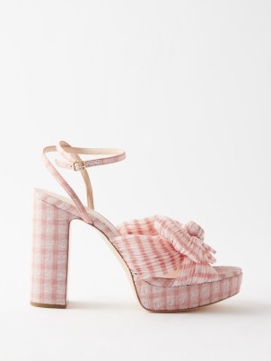 LOEFFLER RANDALL Natalia 110 pleated-organza platform sandals ~ pink gingham platforms ~ strappy front bow block heels ~ romantic check print shoes ~ checked occasion footwear - flipped