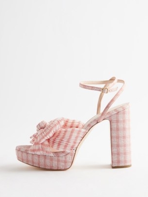 LOEFFLER RANDALL Natalia 110 pleated-organza platform sandals ~ pink gingham platforms ~ strappy front bow block heels ~ romantic check print shoes ~ checked occasion footwear