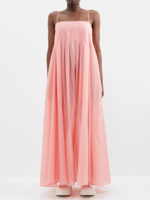 RAEY Organic cotton pleated maxi dress ~ pink strappy long length empired waist dresses ~ drapey inverted box pleat sundress with full skirt ~ skinny shoulder strap summer clothes ~ sheer fabric clothing - flipped