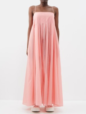 RAEY Organic cotton pleated maxi dress ~ pink strappy long length empired waist dresses ~ drapey inverted box pleat sundress with full skirt ~ skinny shoulder strap summer clothes ~ sheer fabric clothing
