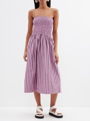 GANNI Shirred-bodice organic-cotton dress and skirt in pink ~ mauve stripe strapless sundress ~ two way bandeau sundresses ~ women’s striped shirred waist summer maxi skirts - flipped
