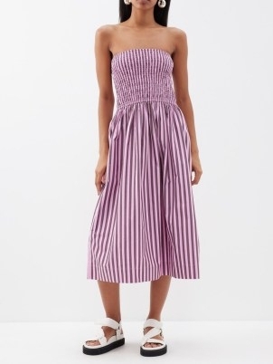 GANNI Shirred-bodice organic-cotton dress and skirt in pink ~ mauve stripe strapless sundress ~ two way bandeau sundresses ~ women’s striped shirred waist summer maxi skirts