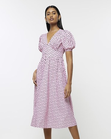 RIVER ISLAND PINK SPOTTED PUFF SLEEVE SWING MIDI DRESS / vintage style polka dot dresses / fit and flare - flipped
