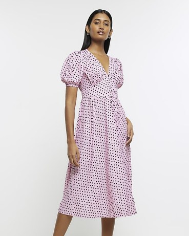 RIVER ISLAND PINK SPOTTED PUFF SLEEVE SWING MIDI DRESS / vintage style polka dot dresses / fit and flare