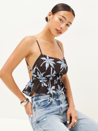 Reformation Pollie Linen Top in Date Palm / cute strappy peplum hem crop tops / spaghetti straps with a fit and flare design / tie back detail fashion / tree prints - flipped