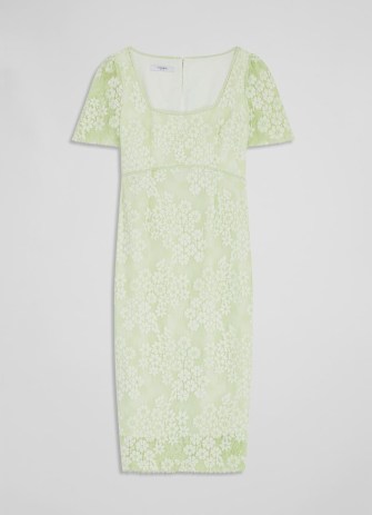 L.K. BENNETT Posy Green Lace Shift Dress – feminine semi sheer occasion dresses – floral event clothes – wedding guest clothing - flipped