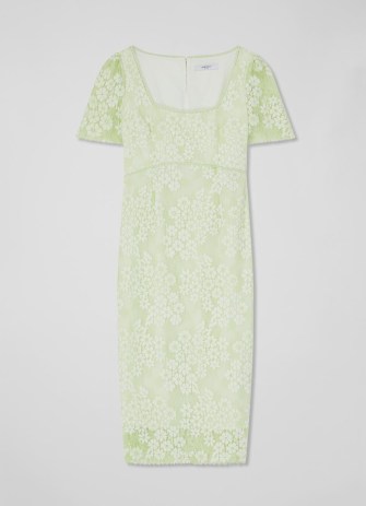 L.K. BENNETT Posy Green Lace Shift Dress – feminine semi sheer occasion dresses – floral event clothes – wedding guest clothing