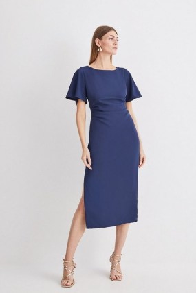 KAREN MILLEN Premium Crepe Flare Sleeve Midi Dress in Navy – chic dark blue angel sleeve evening dresses - flipped