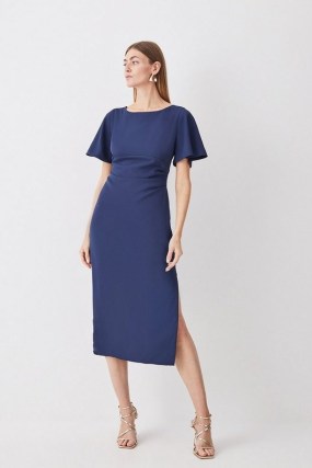 KAREN MILLEN Premium Crepe Flare Sleeve Midi Dress in Navy – chic dark blue angel sleeve evening dresses
