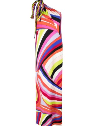 PUCCI Iride-print one-shoulder maxi dress – silky multicoloured column dresses – psychedelic prints on women’s occasion clothing – silk asymmetric neckline event fashion – tie detail - flipped