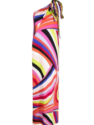 PUCCI Iride-print one-shoulder maxi dress – silky multicoloured column dresses – psychedelic prints on women’s occasion clothing – silk asymmetric neckline event fashion – tie detail