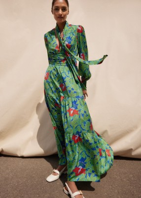 ME and EM Rainforest Print Full-Length Dress + Belt in Green/Purple/Orange / elegant tiered floral print maxi dresses / luxe fashion - flipped