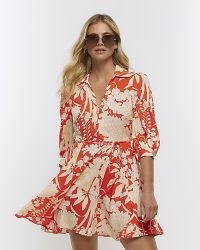 RIVER ISLAND RED LINEN BLEND FLORAL MINI SHIRT DRESS ~ floaty collared dresses