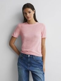 REISS ALICIA KNITTED CREW NECK T-SHIRT in LIGHT PINK ~ women’s casual luxe essentials ~ pretty short sleeve tee ~ rolled hem T-shirts