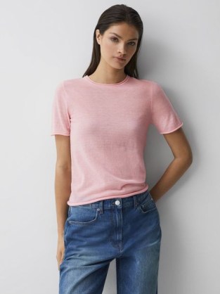 REISS ALICIA KNITTED CREW NECK T-SHIRT in LIGHT PINK ~ women’s casual luxe essentials ~ pretty short sleeve tee ~ rolled hem T-shirts - flipped