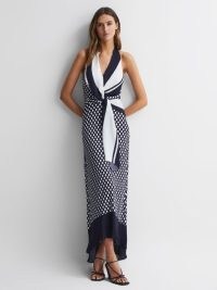 AMELIA STRIPED POLKA DOT HALTER MAXI DRESS in NAVY/WHITE / chic colour block mixed print halterneck dresses / sophisticated summer event clothes / elegant navy and white occasion clothing