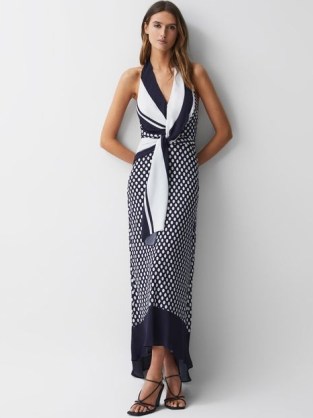 AMELIA STRIPED POLKA DOT HALTER MAXI DRESS in NAVY/WHITE / chic colour block mixed print halterneck dresses / sophisticated summer event clothes / elegant navy and white occasion clothing - flipped