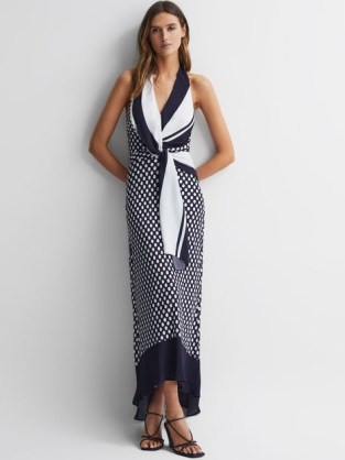 AMELIA STRIPED POLKA DOT HALTER MAXI DRESS in NAVY/WHITE / chic colour block mixed print halterneck dresses / sophisticated summer event clothes / elegant navy and white occasion clothing