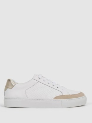 Reiss ASHLEY LOW TOP LEATHER TRAINERS GOLD | women’s metallic detail trainer | sports luxe sneakers - flipped