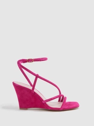 REISS CASSIE SUEDE STRAPPY WEDGE HEELS PINK ~ luxe ankle tie wedges ~ wedged heel sandals with asymmetric strap detail - flipped