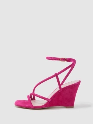REISS CASSIE SUEDE STRAPPY WEDGE HEELS PINK ~ luxe ankle tie wedges ~ wedged heel sandals with asymmetric strap detail
