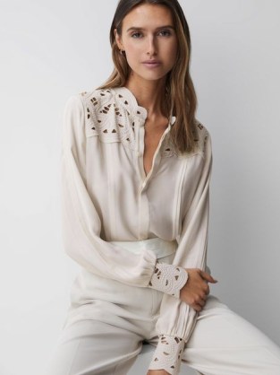 REISS CELIA LACE CUT-OUT BLOUSE in IVORY – feminine cutout detail blouses – relaxed fit blouson sleeve tops - flipped