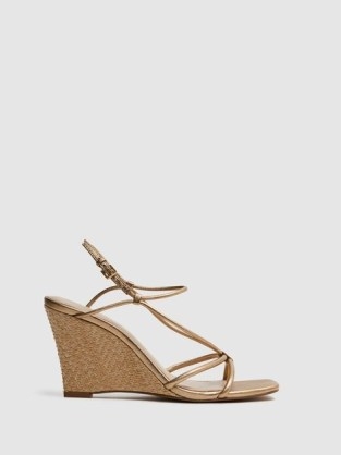 REISS DAISEY STRAPPY WEDGE HEELS BRONZE ~ glamorous resort footwear ~ metallic leather wedges ~ luxe wedged summer sandals ~ square toe evening shoes with slender straps - flipped