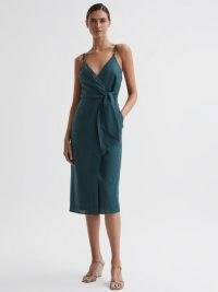 REISS ELSIE LINEN SIDE TIE MIDI DRESS DARK TEAL ~ strappy wrap style occasion dresses ~ women’s blue-green summer event clothing