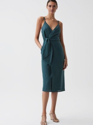 REISS ELSIE LINEN SIDE TIE MIDI DRESS DARK TEAL ~ strappy wrap style occasion dresses ~ women’s blue-green summer event clothing - flipped