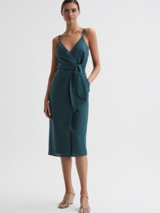 REISS ELSIE LINEN SIDE TIE MIDI DRESS DARK TEAL ~ strappy wrap style occasion dresses ~ women’s blue-green summer event clothing