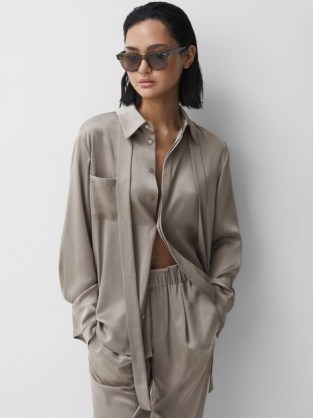 REISS ELAINA SATIN LONG SLEEVE NECK TIE BLOUSE MINK / silky collared removable pussy bow blouses / women’s luxe shirts - flipped