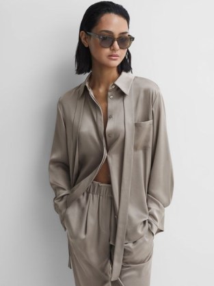 REISS ELAINA SATIN LONG SLEEVE NECK TIE BLOUSE MINK / silky collared removable pussy bow blouses / women’s luxe shirts