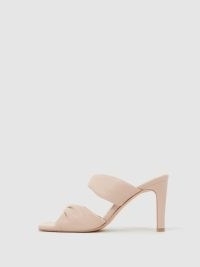 REISS ELIZA BLOCK HEEL LEATHER SANDALS NUDE ~ luxe square toe mule sandal ~ mules with twist details ~ padded double strap high heels