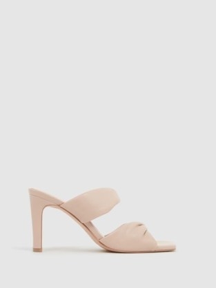 REISS ELIZA BLOCK HEEL LEATHER SANDALS NUDE ~ luxe square toe mule sandal ~ mules with twist details ~ padded double strap high heels - flipped