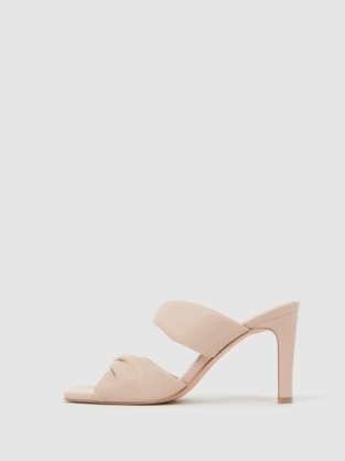 REISS ELIZA BLOCK HEEL LEATHER SANDALS NUDE ~ luxe square toe mule sandal ~ mules with twist details ~ padded double strap high heels