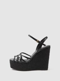 Reiss ELLE LEATHER RAFFIA PLATFORM WEDGE HEELS BLACK | high textured wedged heel sandals | strappy platforms | vintage inspired wedges | women’s 1970s style shoes