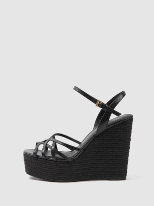 Reiss ELLE LEATHER RAFFIA PLATFORM WEDGE HEELS BLACK | high textured wedged heel sandals | strappy platforms | vintage inspired wedges | women’s 1970s style shoes