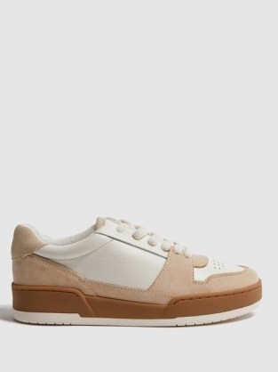 REISS FRANKIE LEATHER SUEDE LOW CUT TRAINERS TAUPE ~ women’s tonal brown sneakers ~ colour block trainer - flipped