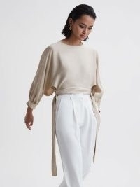 REISS IMOGEN BLOUSON STYLE CROPPED BLOUSE in CHAMPAGNE ~ chic evening crop tops ~ balloon sleeve side tie detail top ~ sophisticated occasion blouses