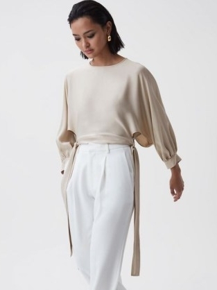 REISS IMOGEN BLOUSON STYLE CROPPED BLOUSE in CHAMPAGNE ~ chic evening crop tops ~ balloon sleeve side tie detail top ~ sophisticated occasion blouses - flipped