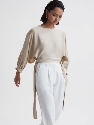REISS IMOGEN BLOUSON STYLE CROPPED BLOUSE in CHAMPAGNE ~ chic evening crop tops ~ balloon sleeve side tie detail top ~ sophisticated occasion blouses