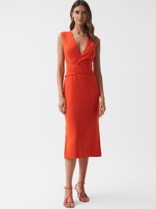 Reiss JAYLA FITTED WRAP DESIGN MIDI DRESS in ORANGE – vibrant sleeveless plunge front dresses – bright occasion clothes with plunging neckline - flipped