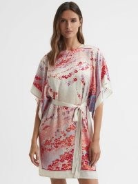 REISS LEEA PRINTED BELTED MINI DRESS MULTI ~ floral wide sleeve tie waist dresses ~ feminine summer event clothing
