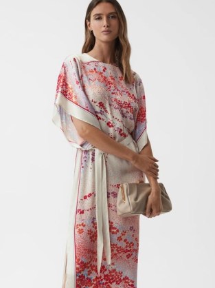 REISS LYDIA PRINTED MAXI DRESS in MULTI – floral print kimono style occasion dresses – tie waist – side split hemline – feminine event clothing - flipped