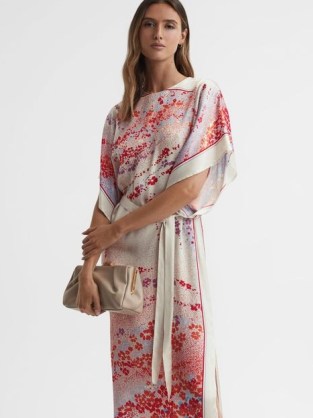 REISS LYDIA PRINTED MAXI DRESS in MULTI – floral print kimono style occasion dresses – tie waist – side split hemline – feminine event clothing