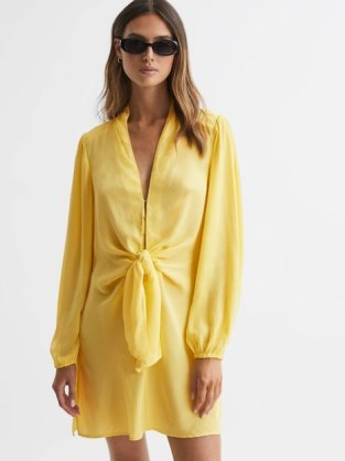 Reiss MABEL TIE FRONT MINI DRESS in YELLOW – long sleeve knot detail dresses – women’s vibrant resort wear
