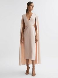 REISS KATE CAPE-STYLE MIDI DRESS NUDE ~ chic pale pink cut out occasion dresses ~ sophisticated event clothes ~ deep V-neckline