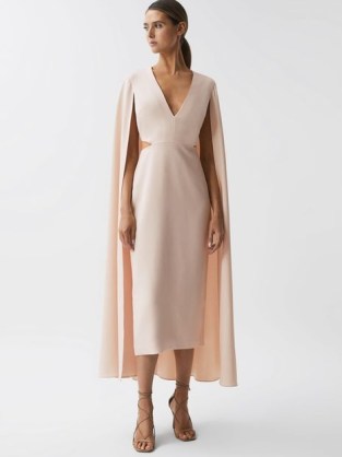 REISS KATE CAPE-STYLE MIDI DRESS NUDE ~ chic pale pink cut out occasion dresses ~ sophisticated event clothes ~ deep V-neckline - flipped