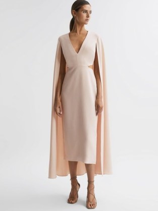 REISS KATE CAPE-STYLE MIDI DRESS NUDE ~ chic pale pink cut out occasion dresses ~ sophisticated event clothes ~ deep V-neckline